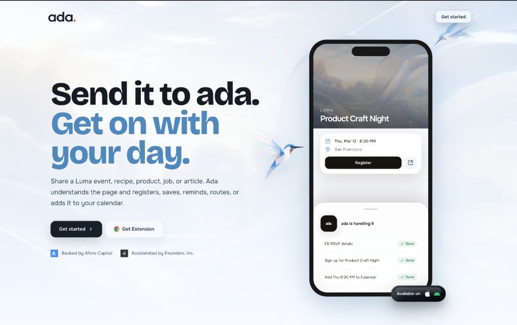 Ada homepage showing a mobile task workflow and the headline Send it to Ada.