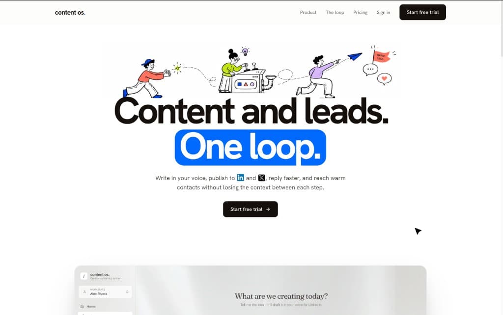 Content OS homepage with the headline Content and leads, one loop.